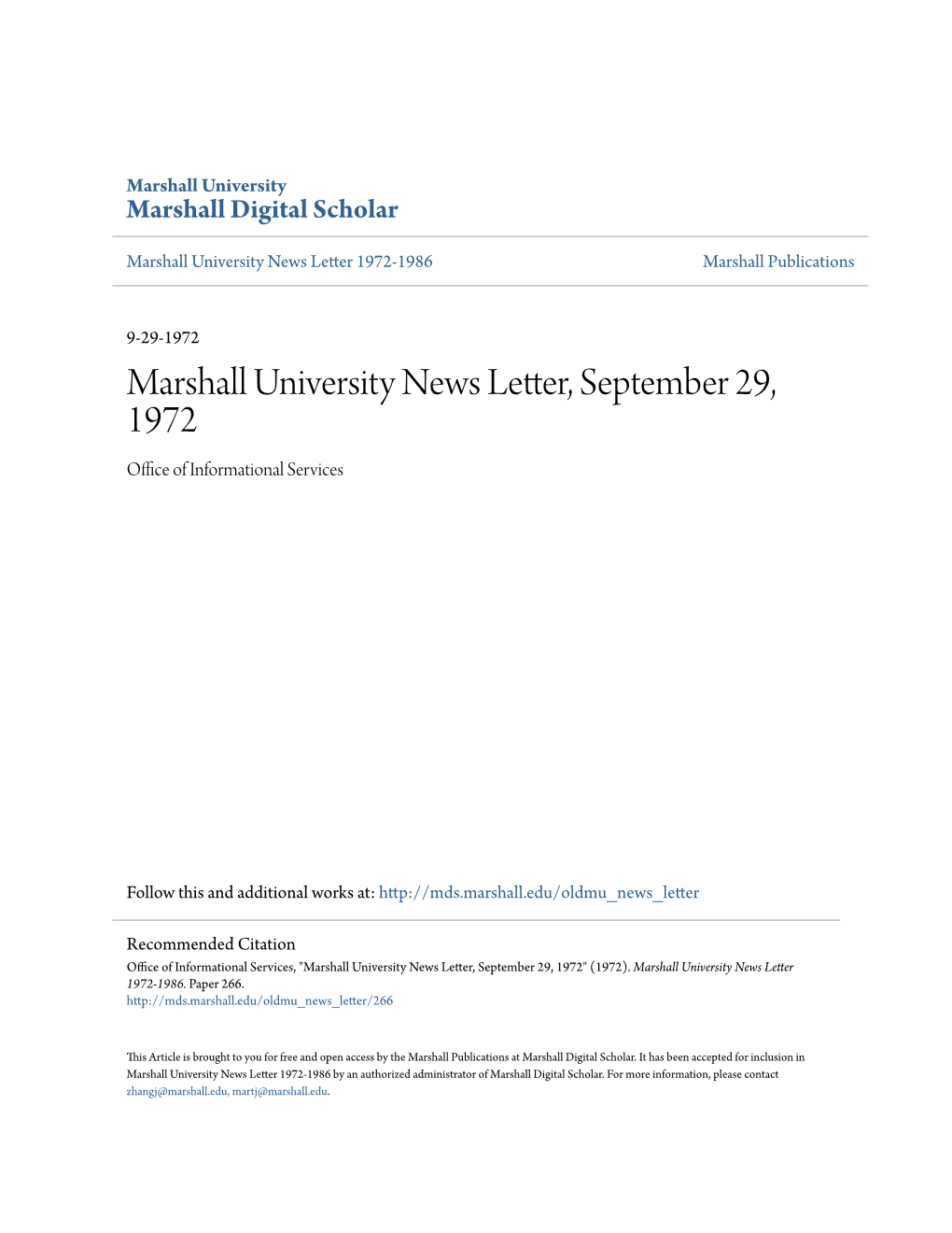 Marshall University News Letter, September 29, 1972 Office Ofnfor I Mational Services