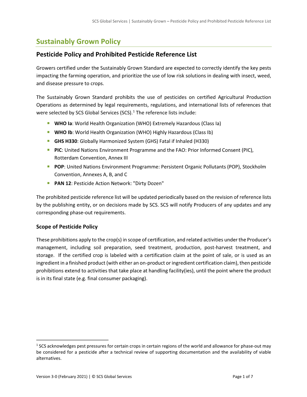 Sustainably Grown Policy Pesticide Policy and Prohibited Pesticide Reference List