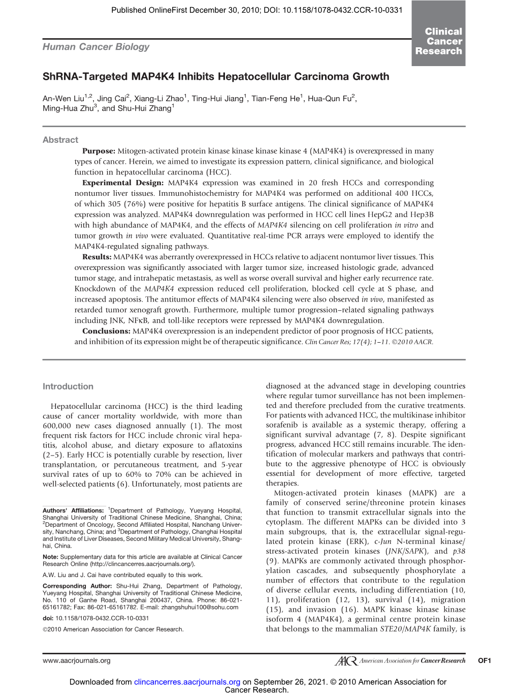 Shrna-Targeted MAP4K4 Inhibits Hepatocellular Carcinoma Growth