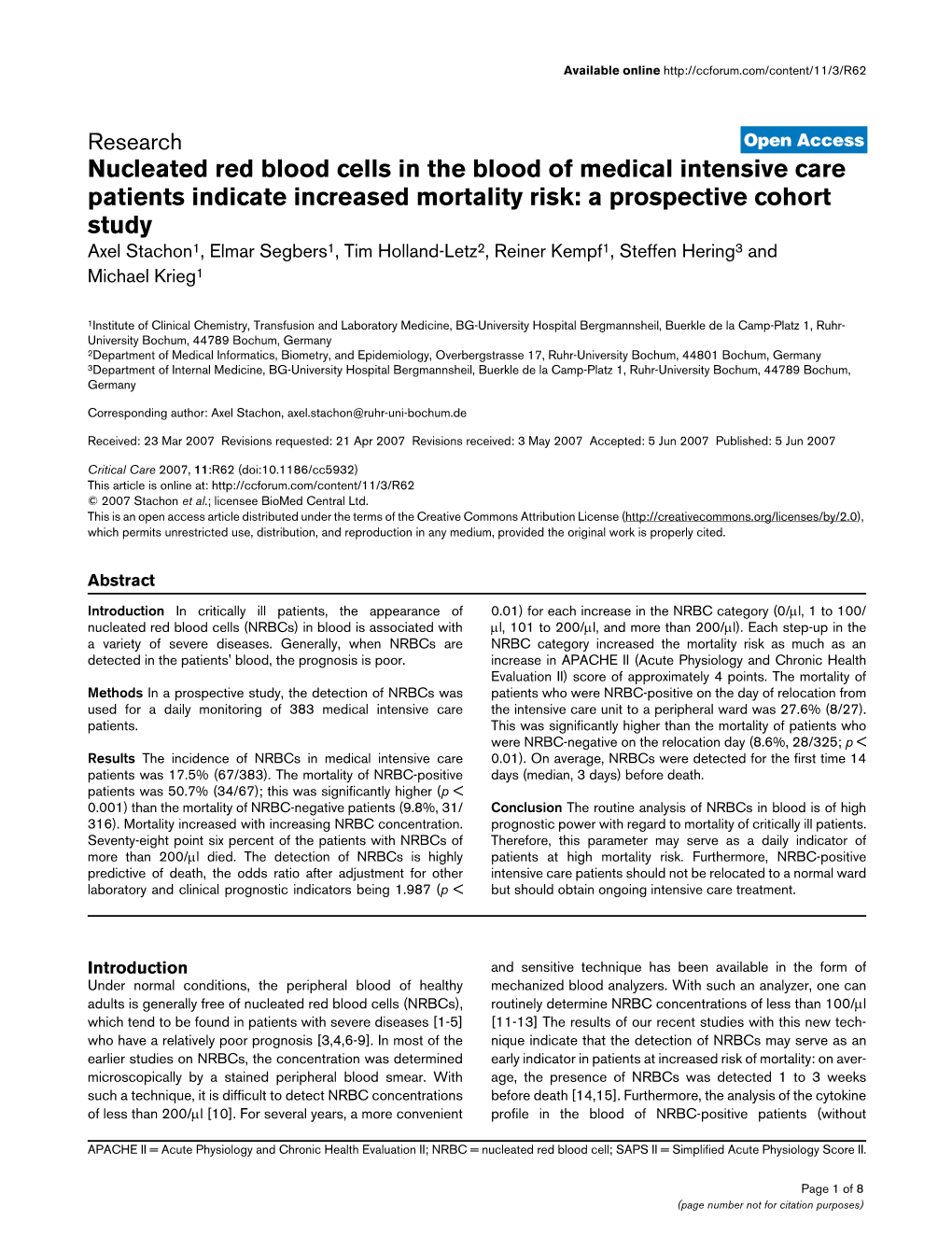 Nucleated Red Blood Cells in the Blood of Medical Intensive