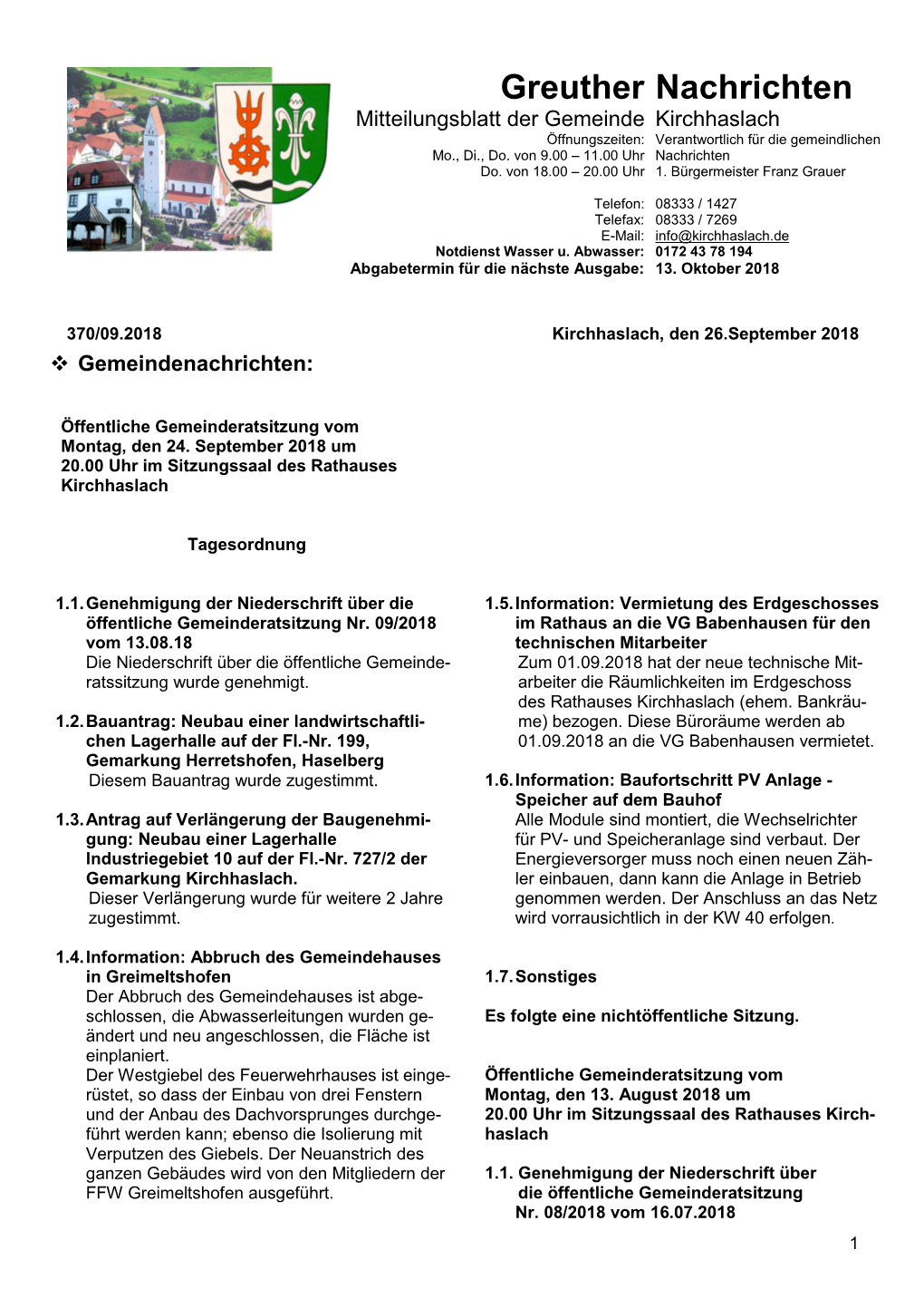 Greuther Nachrichten Mitteilungsblatt Der Gemeinde Kirchhaslach Öffnungszeiten: Verantwortlich Für Die Gemeindlichen Mo., Di., Do