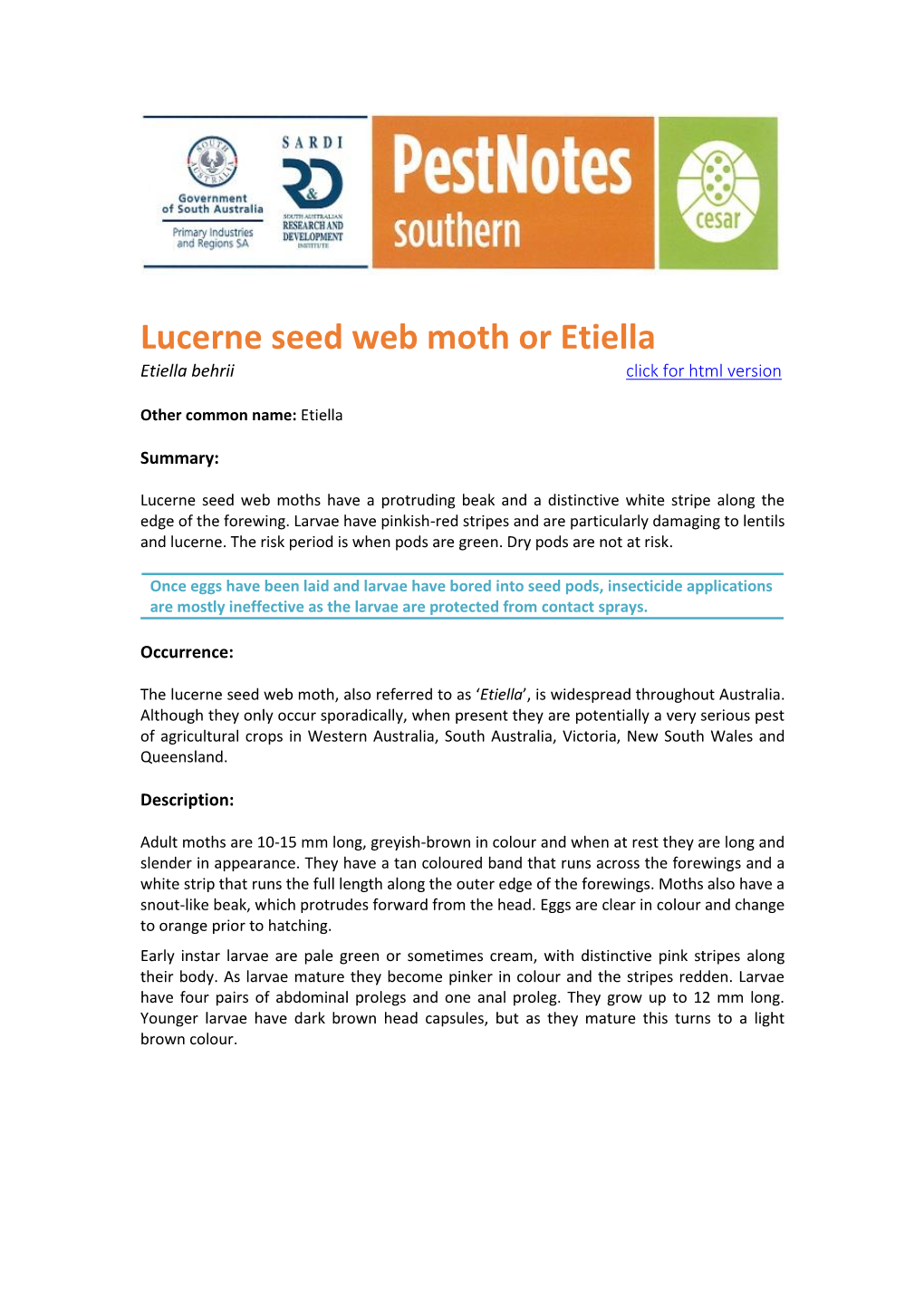 Lucerne Seed Web Moth Or Etiella Etiella Behrii Click for Html Version