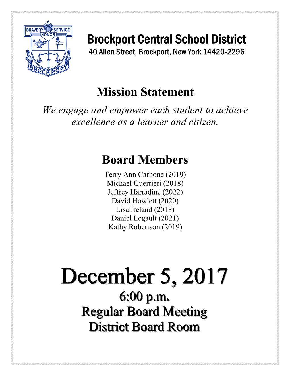 December 5, 2017 Regular Meeting 6:00 P.M