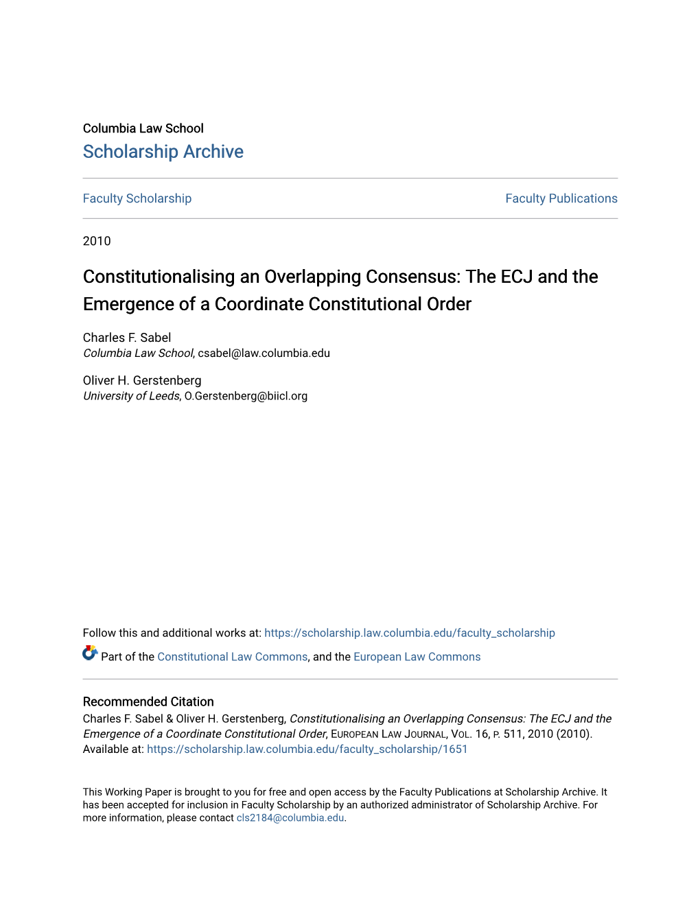Constitutionalising an Overlapping Consensus: the ECJ and the Emergence of a Coordinate Constitutional Order