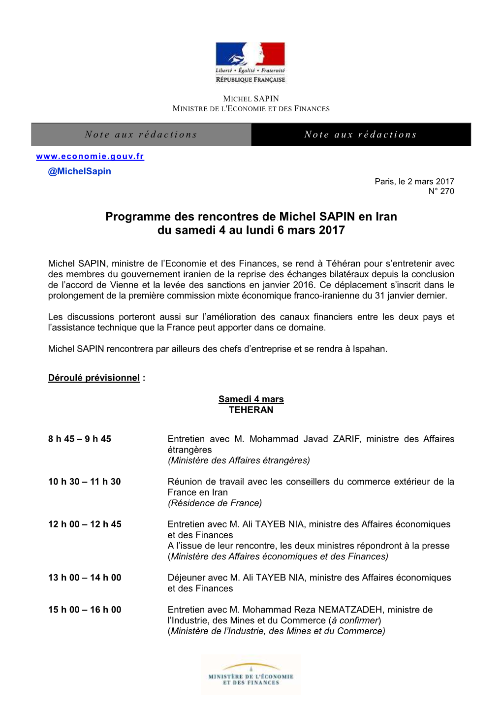 Programme Des Rencontres De Michel SAPIN En Iran Du Samedi 4 Au Lundi 6 Mars 2017