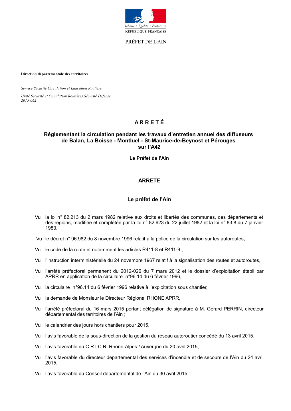 ARRET É Réglementant La Circulation Pendant Les Travaux D'entretien