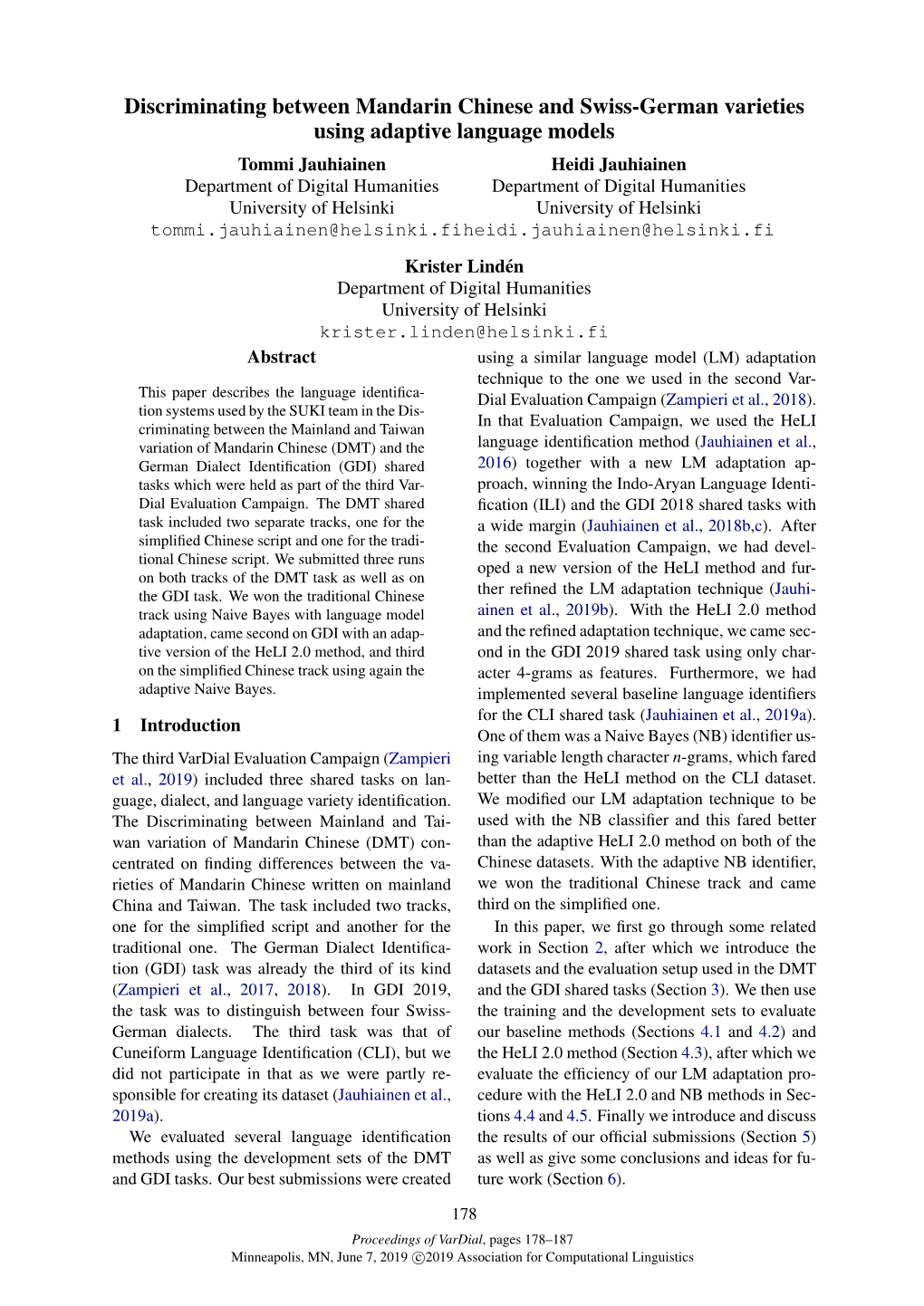 Discriminating Between Mandarin Chinese and Swiss-German Varieties Using Adaptive Language Models