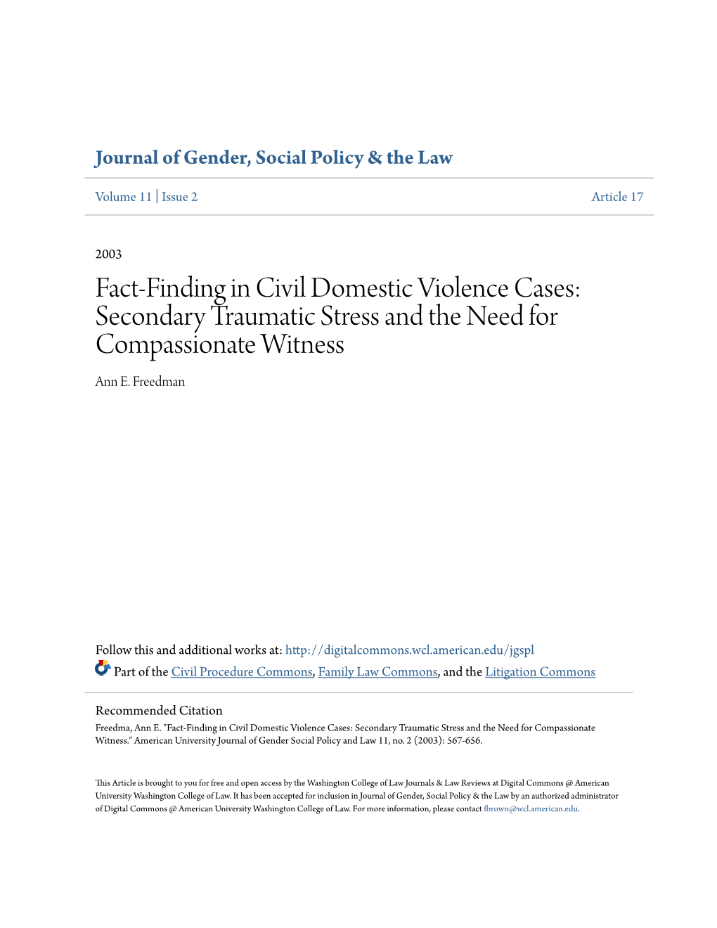 Fact-Finding in Civil Domestic Violence Cases: Secondary Traumatic Stress and the Need for Compassionate Witness Ann E
