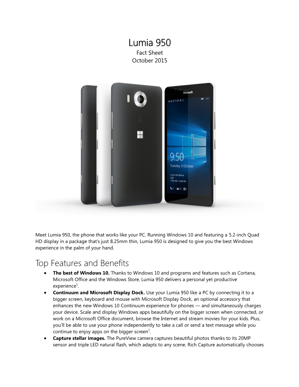 Lumia 950 Fact Sheet October 2015