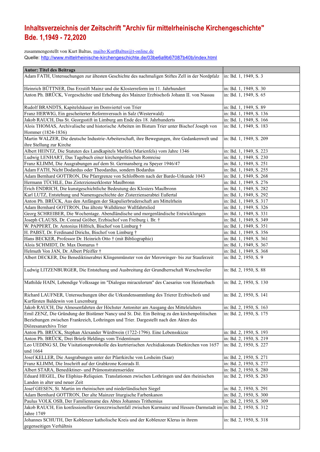 Archiv Für Mittelrheinische Kirchengeschichte" Bde