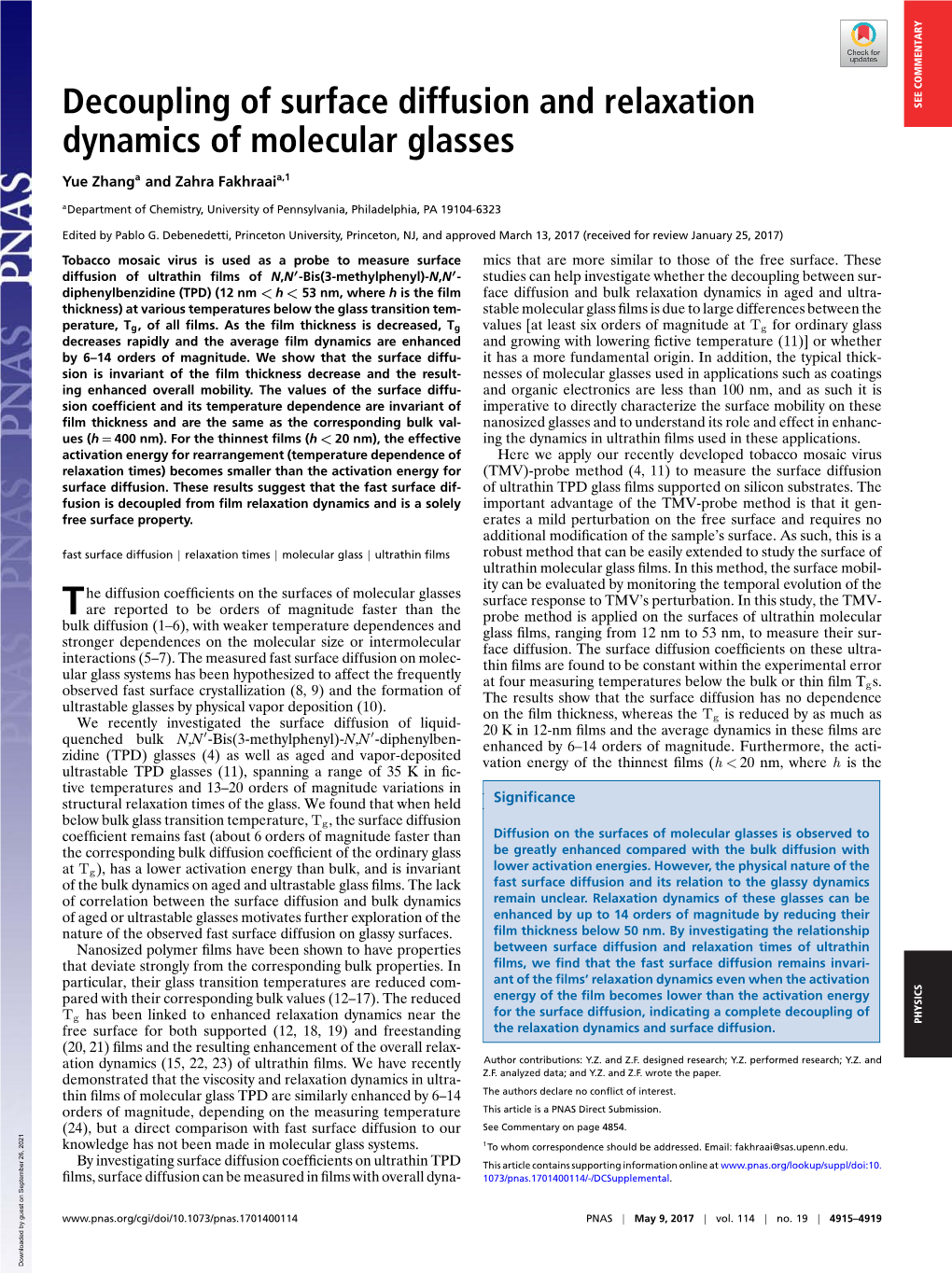 Decoupling of Surface Diffusion and Relaxation Dynamics of Molecular