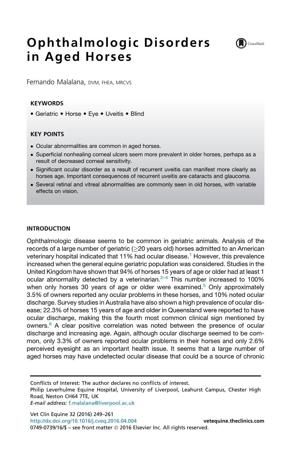 Ophthalmologic Disorders in Aged Horses