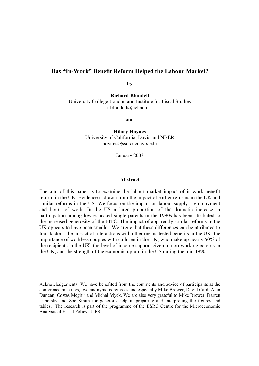 Has “In-Work” Benefit Reform Helped the Labour Market?