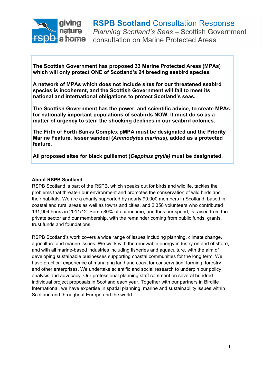 RSPB Scotland Consultation Response: Planning Scotland's Seas