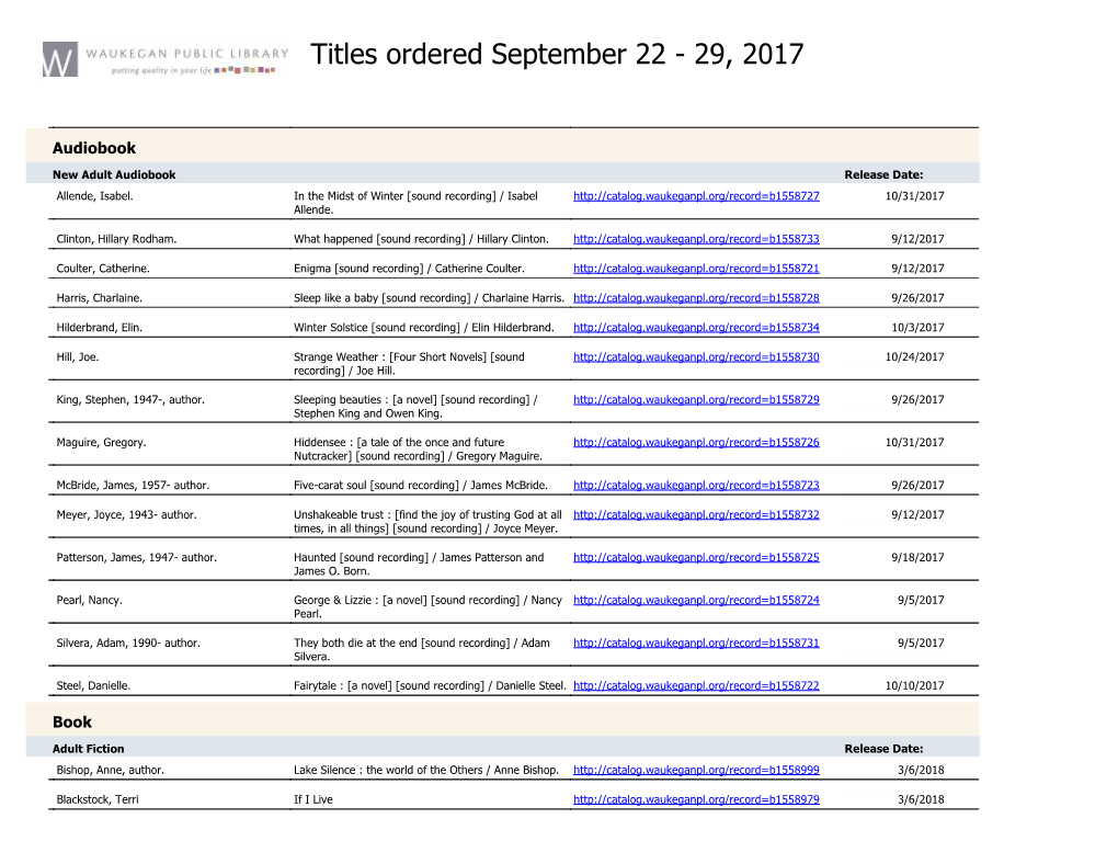 Titles Ordered September 22 - 29, 2017