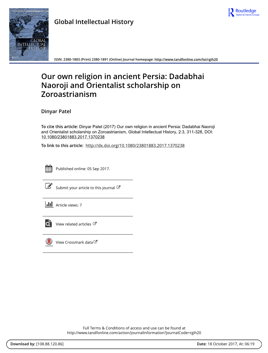 Our Own Religion in Ancient Persia: Dadabhai Naoroji and Orientalist Scholarship on Zoroastrianism