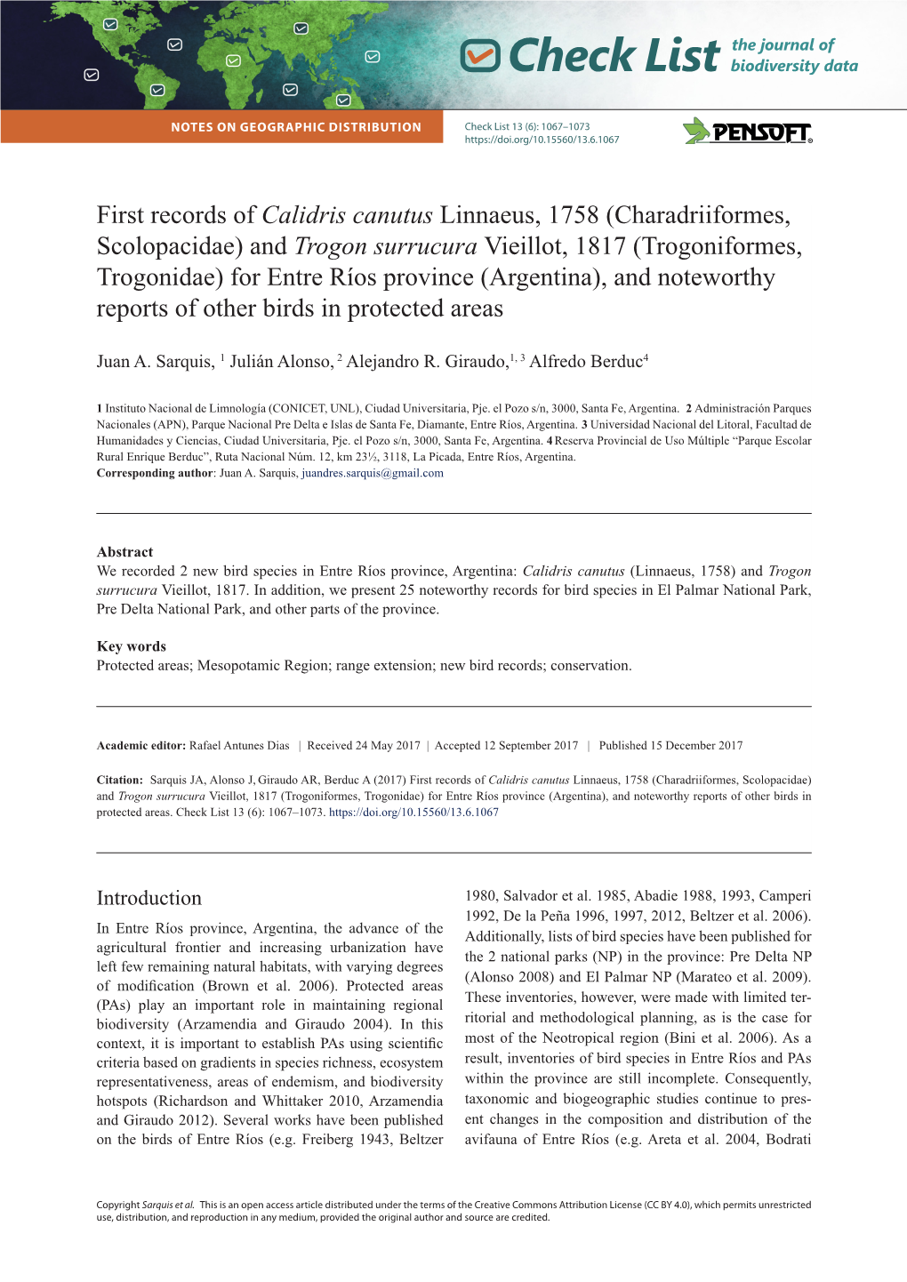 And Trogon Surrucura Vieillot, 1817 (Trogoniformes, Trogonidae) for Entre Ríos Province (Argentina), and Noteworthy Reports of Other Birds in Protected Areas