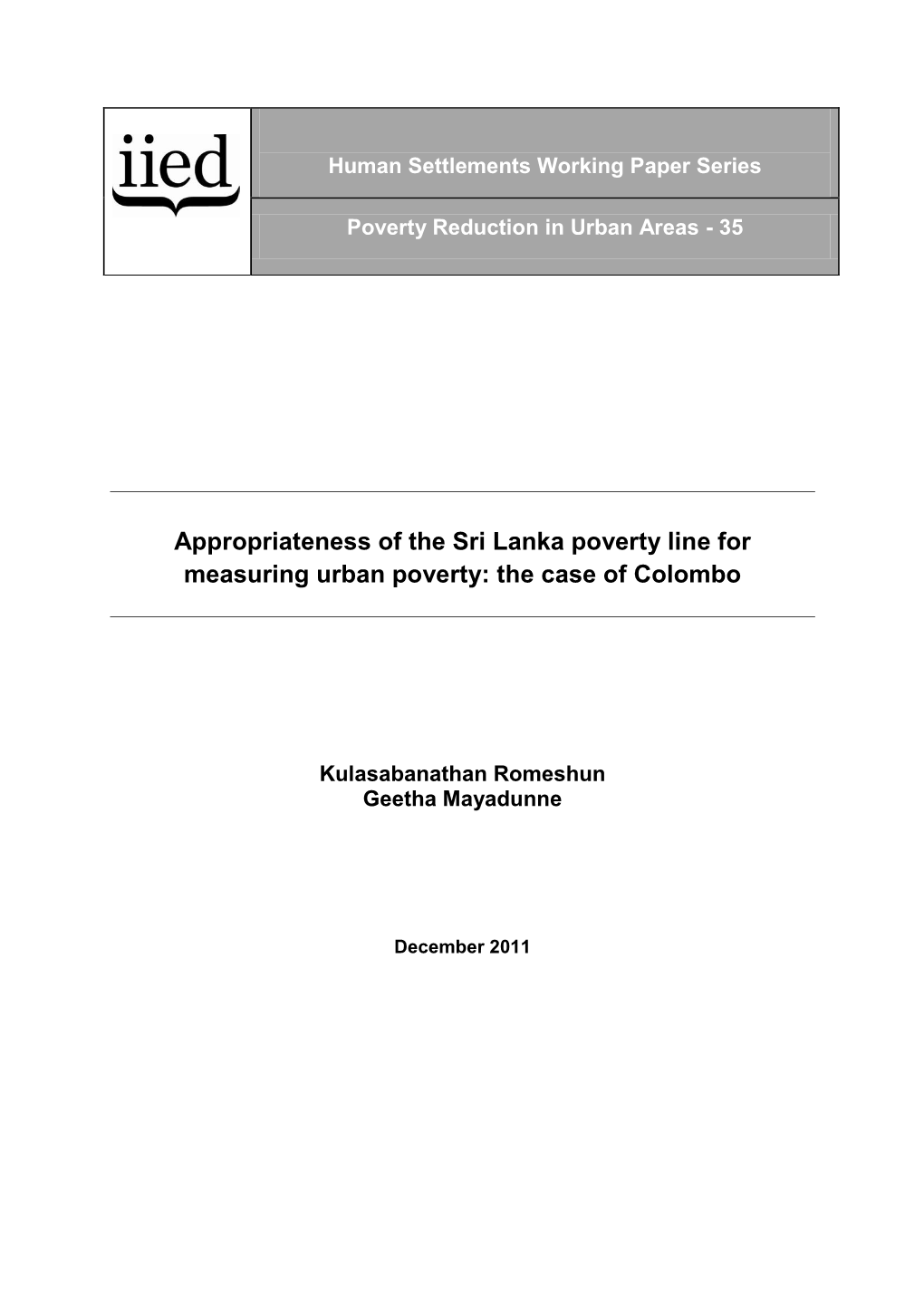 Appropriateness of the Sri Lanka Poverty Line for Measuring Urban Poverty: the Case of Colombo