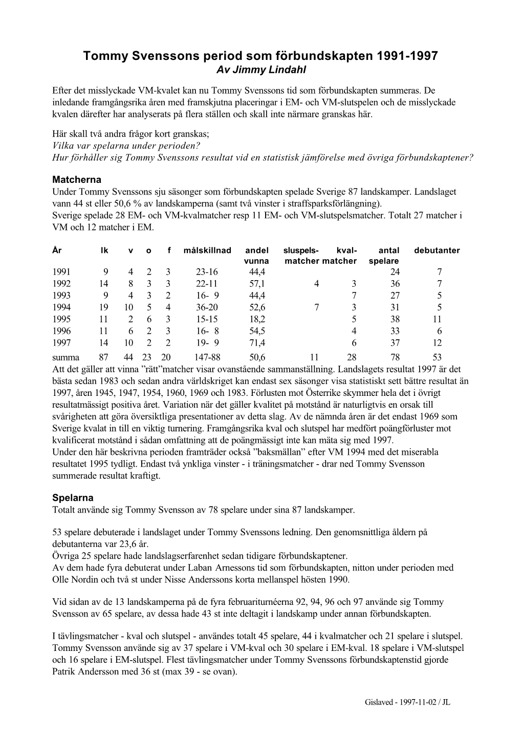 Tommy Svenssons Period Som Förbundskapten 1991-1997 Av Jimmy Lindahl