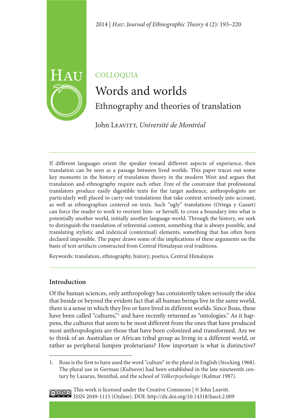 Words and Worlds Ethnography and Theories of Translation