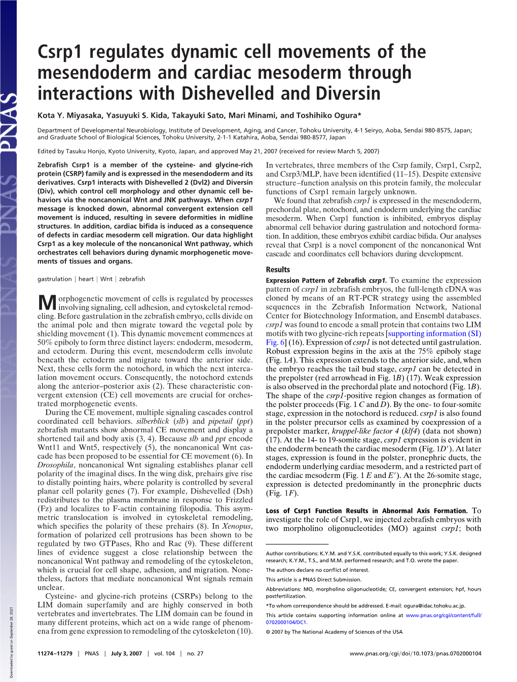 Csrp1 Regulates Dynamic Cell Movements of the Mesendoderm and Cardiac Mesoderm Through Interactions with Dishevelled and Diversin