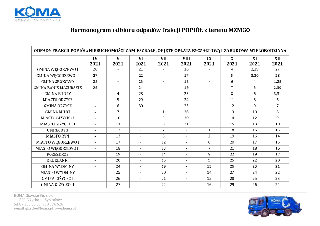 Harmonogram Odbioru Odpadów Frakcji POPIÓŁ Z Terenu MZMGO