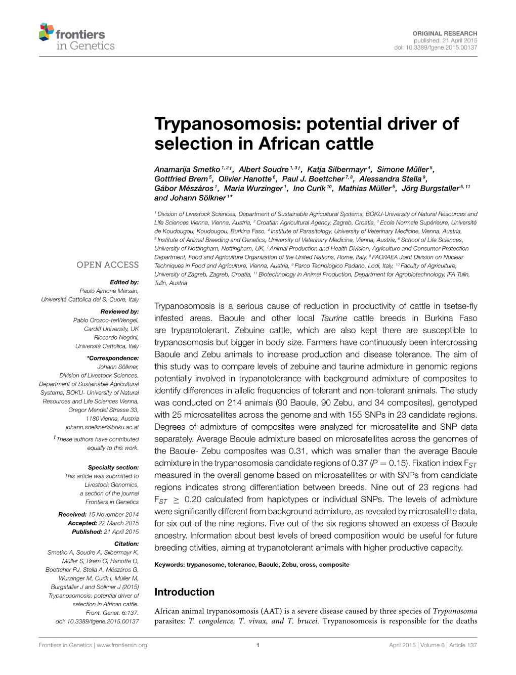 Trypanosomosis: Potential Driver of Selection in African Cattle