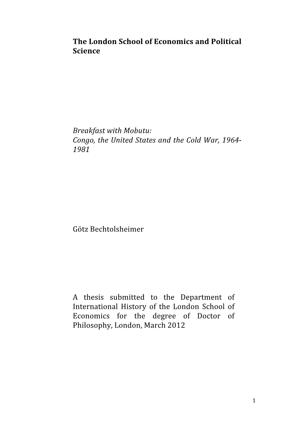 Congo, the United States and the Cold War, 1964- 1981