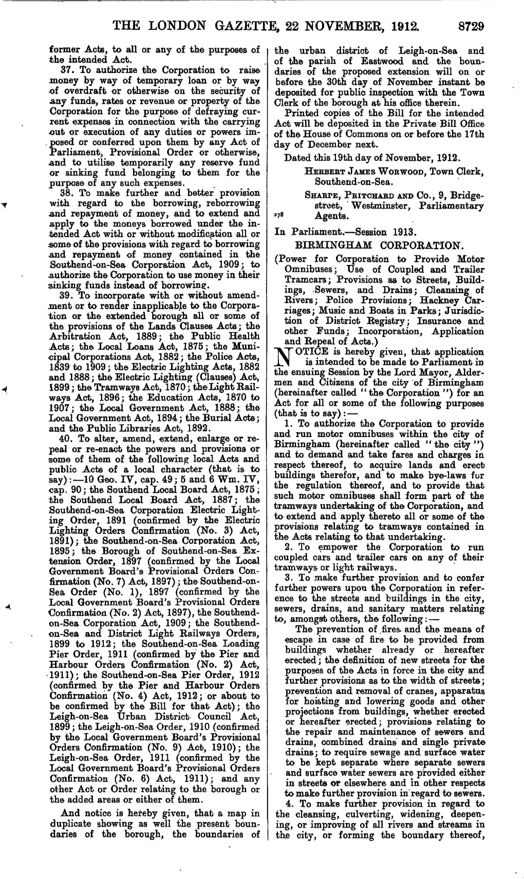 THE LONDON GAZETTE, 22 NOVEMBER, 1912. 8729 Former Acts, to All Or Any of the Purposes of the Urban District of Leigh-On-Sea and the Intended Act