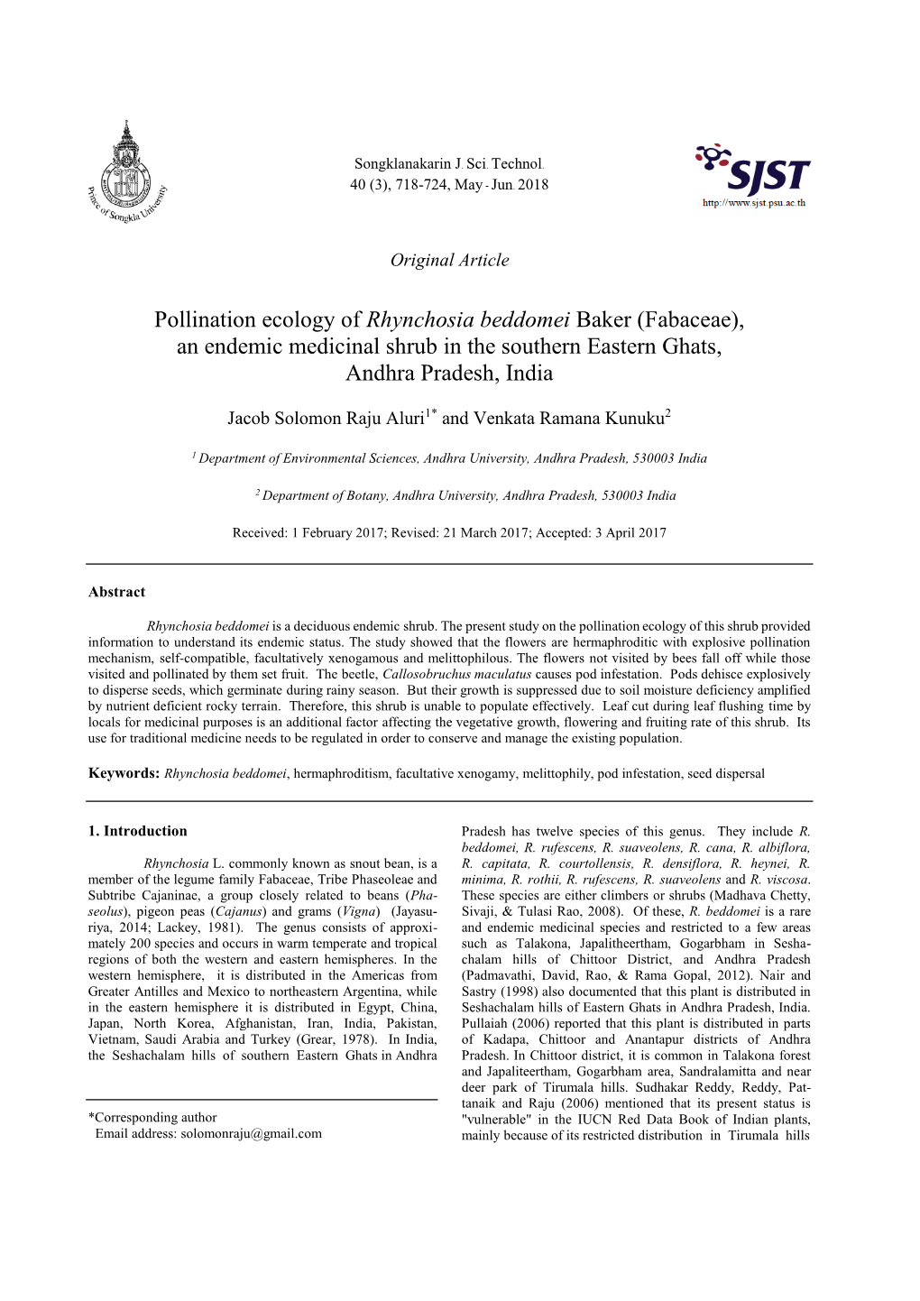 Pollination Ecology of Rhynchosia Beddomei Baker (Fabaceae), an Endemic Medicinal Shrub in the Southern Eastern Ghats, Andhra Pradesh, India