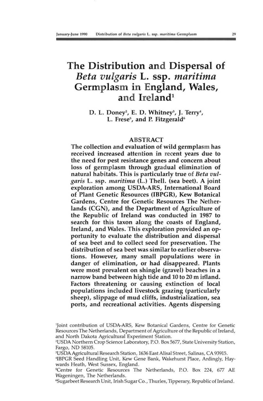 The Distribution and Dispersal of Beta Vulgaris L. Ssp. Maritima Germplasm in England, Wales, and Irelandl