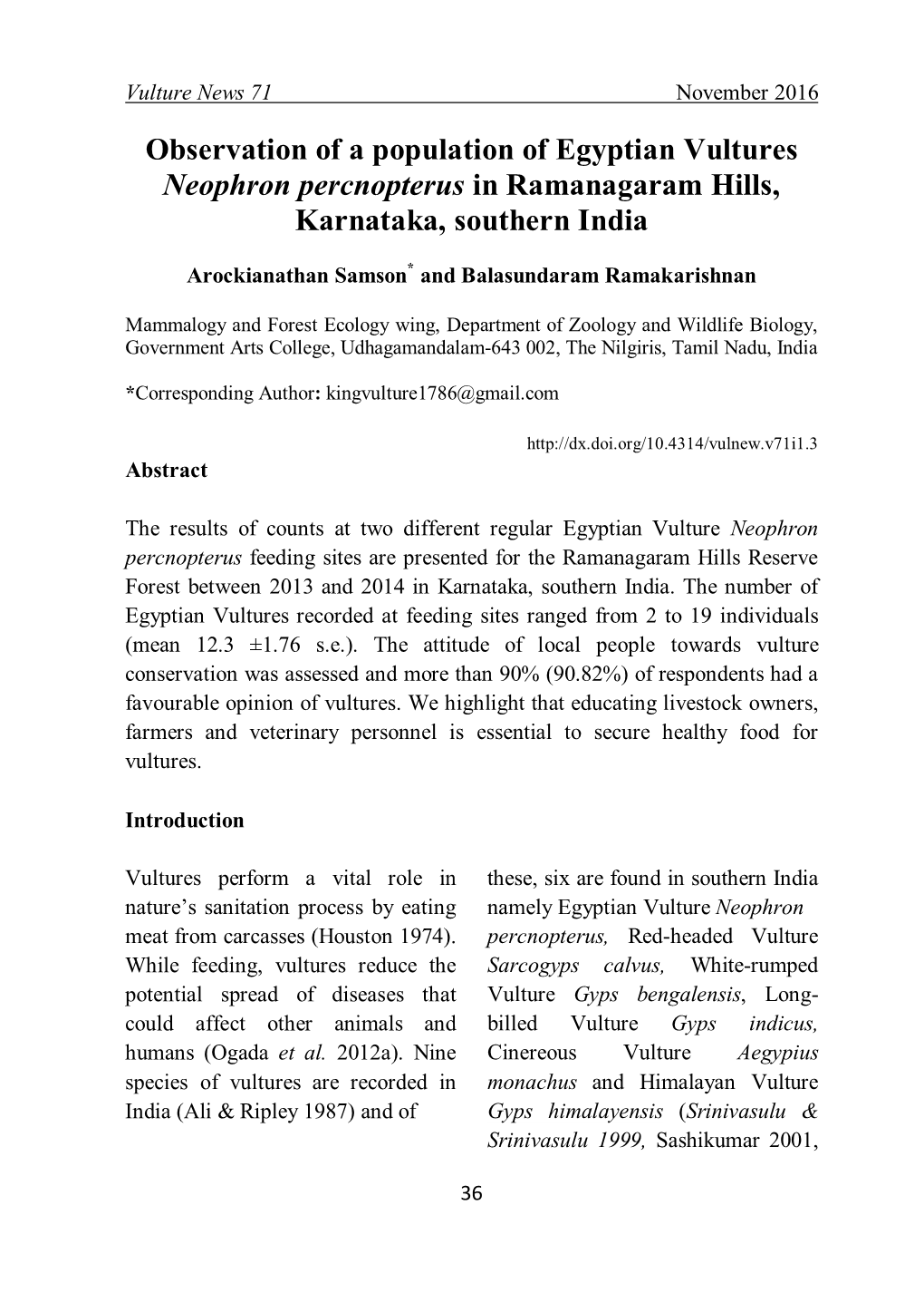 Observation of a Population of Egyptian Vultures Neophron Percnopterus in Ramanagaram Hills, Karnataka, Southern India