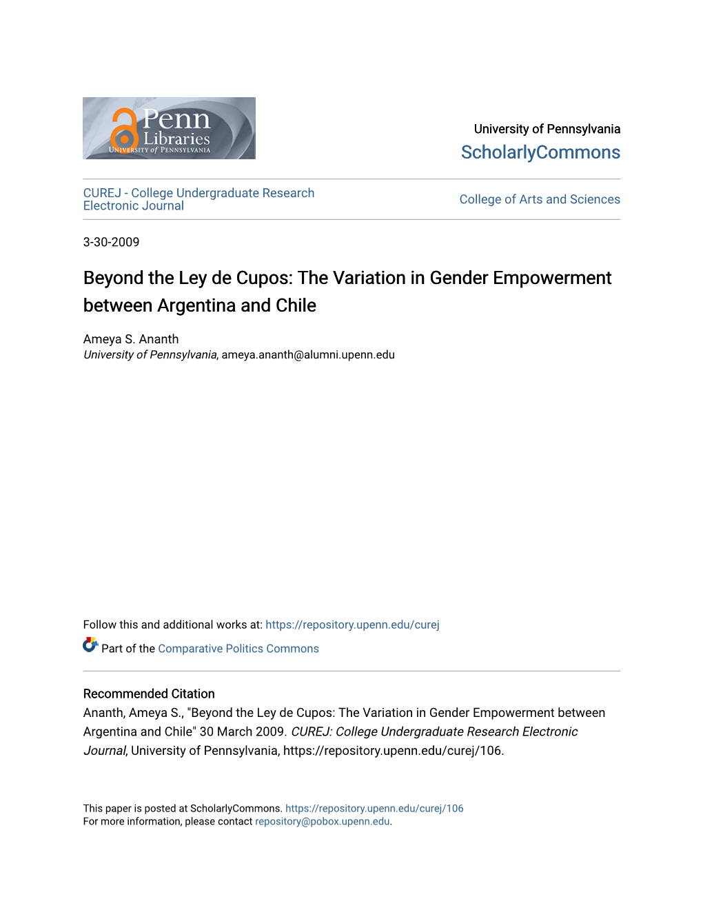 Beyond the Ley De Cupos: the Variation in Gender Empowerment Between Argentina and Chile