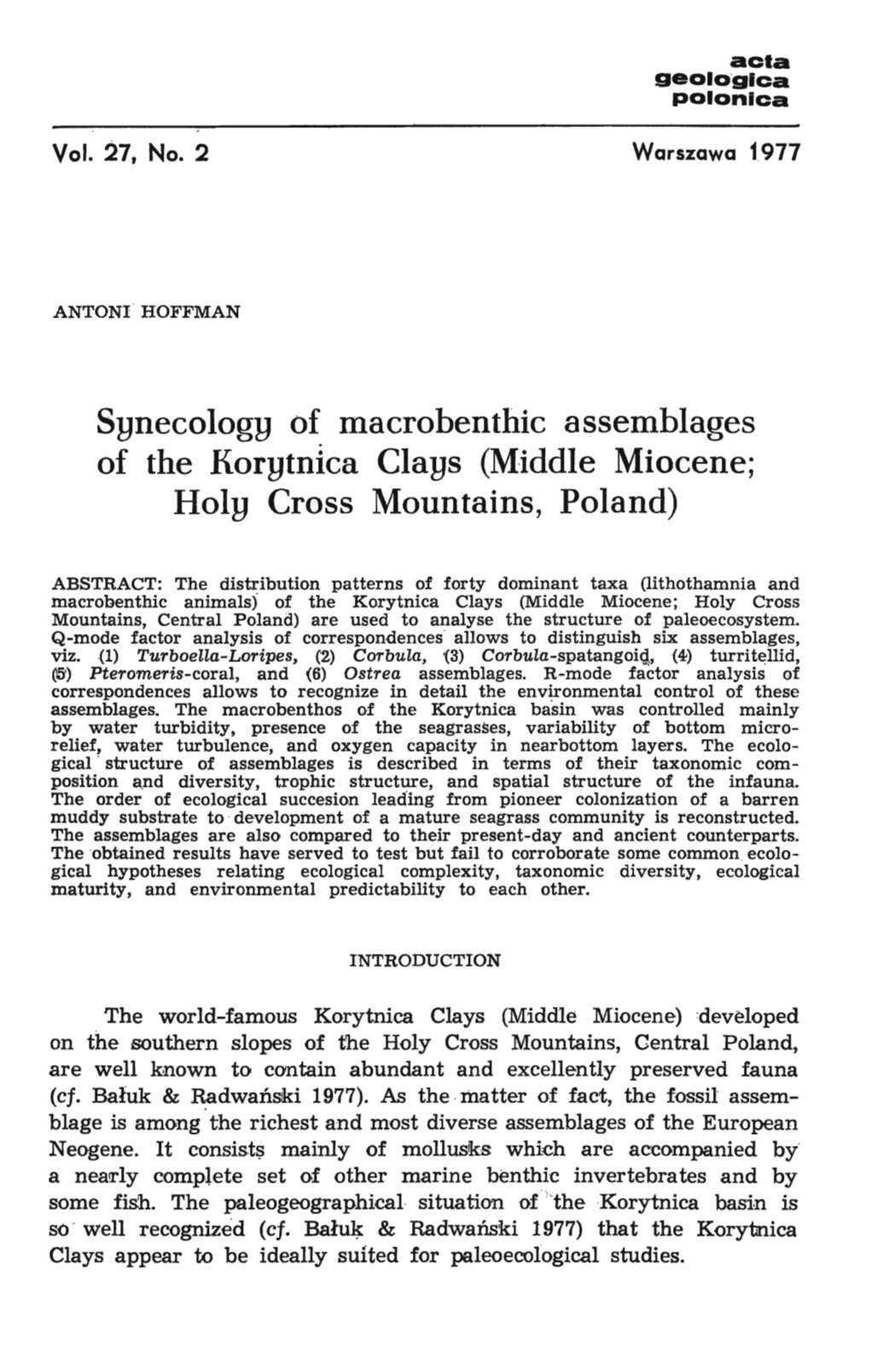 Synecology of Macroberithic Assemblages of the Korytnica Clays (Middle Miocene; Holy Cross Mountains, Poland)