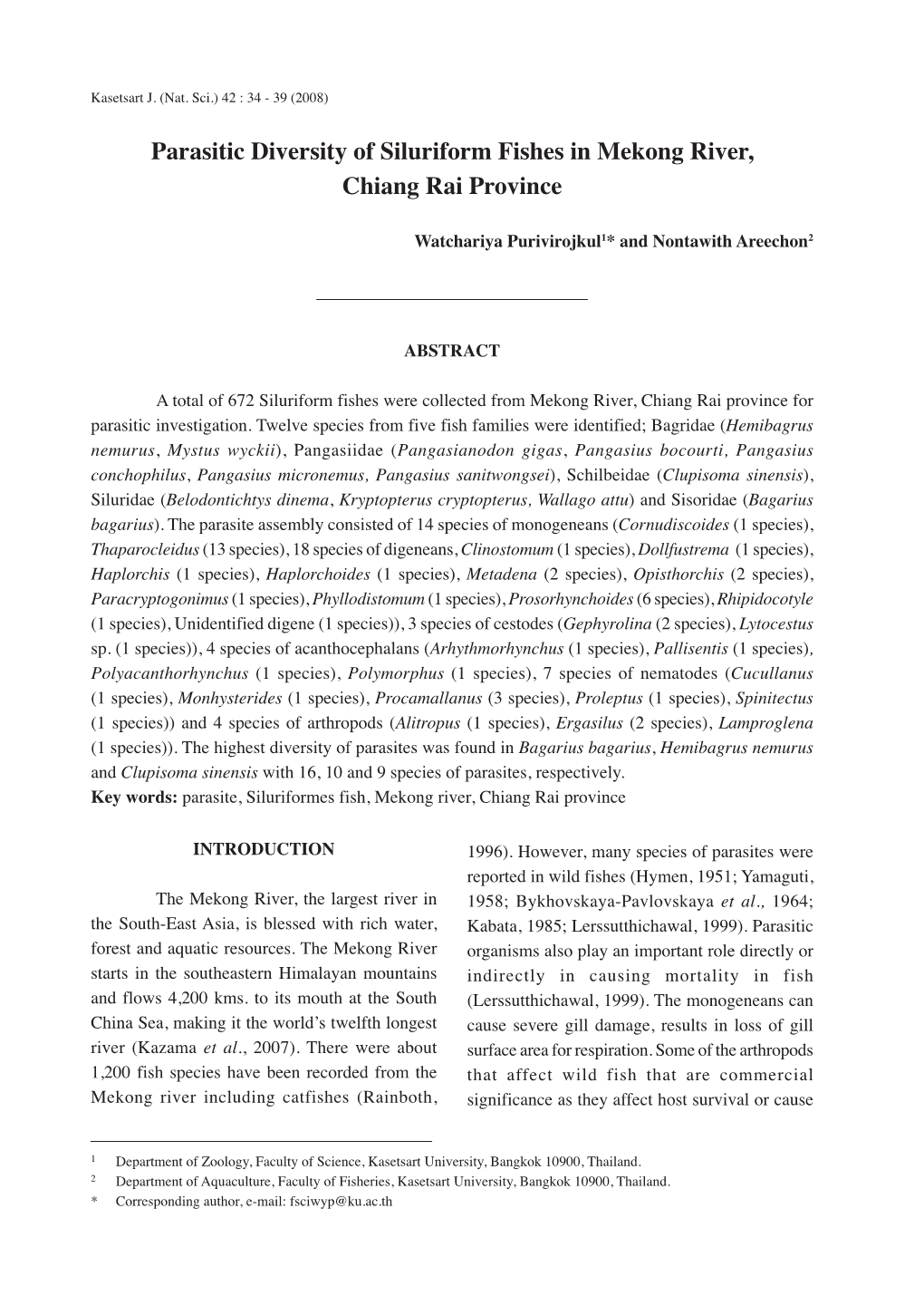 Parasitic Diversity of Siluriform Fishes in Mekong River, Chiang Rai Province