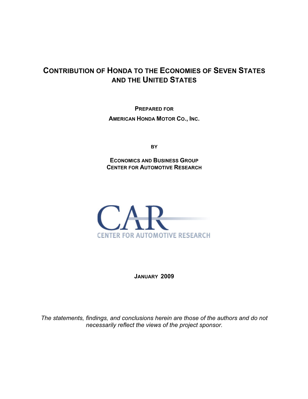 Contribution of Honda to the Economies of Seven States and the United States