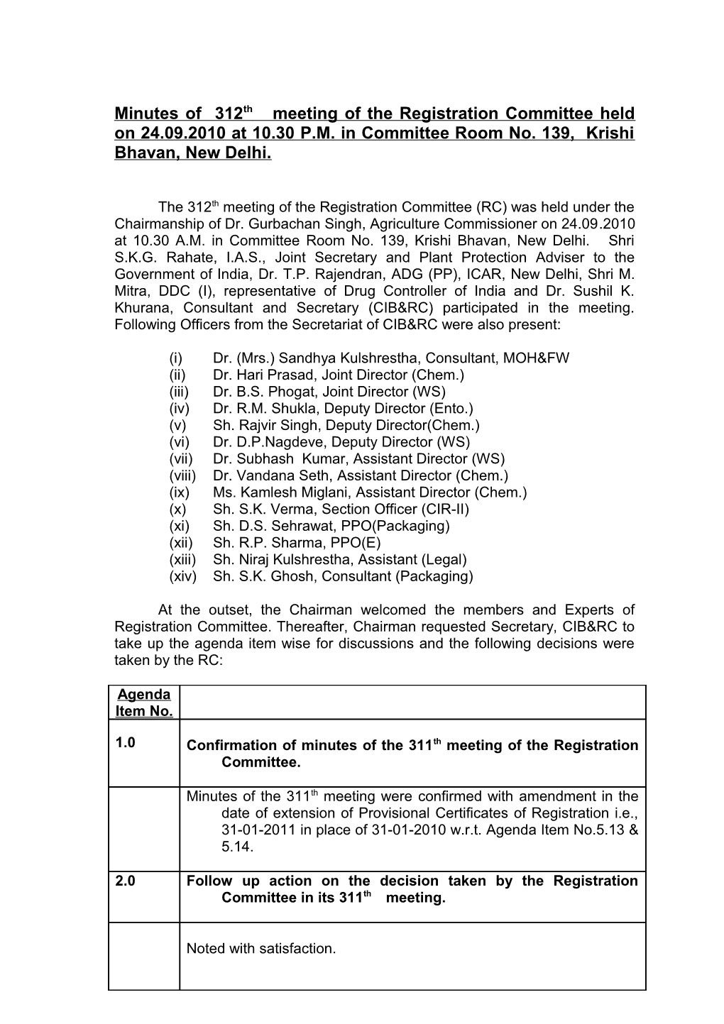 Minutes of 312Th Meeting of the Registration Committee Held on 24.09.2010 at 10.30 P.M