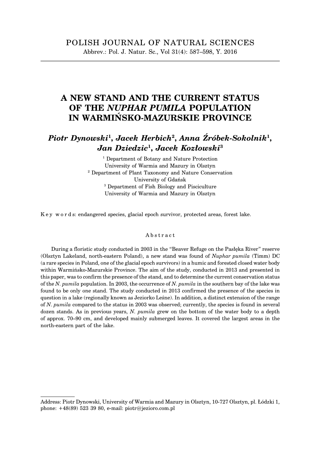 A New Stand and the Current Status of the Nuphar Pumila Population in Warmińsko-Mazurskie Province