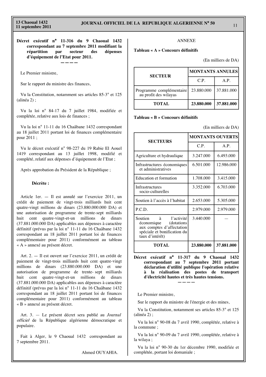 Décret Exécutif N°11-317 Du 7 Septembre