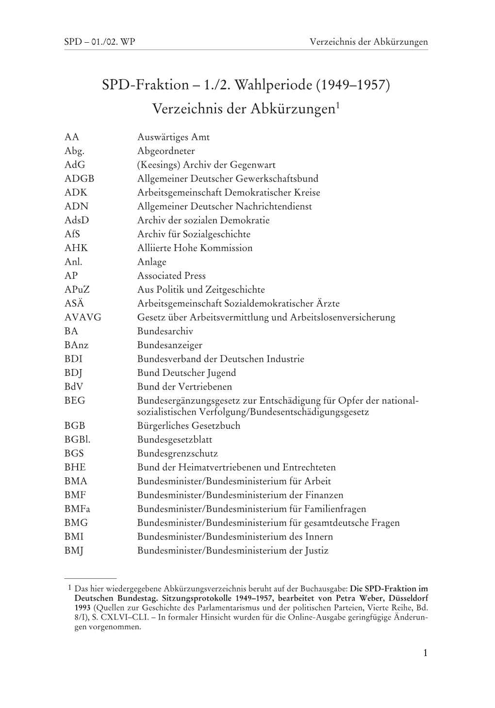 SPD-Fraktion – 1./2. Wahlperiode (1949–1957) Verzeichnis Der Abkürzungen1