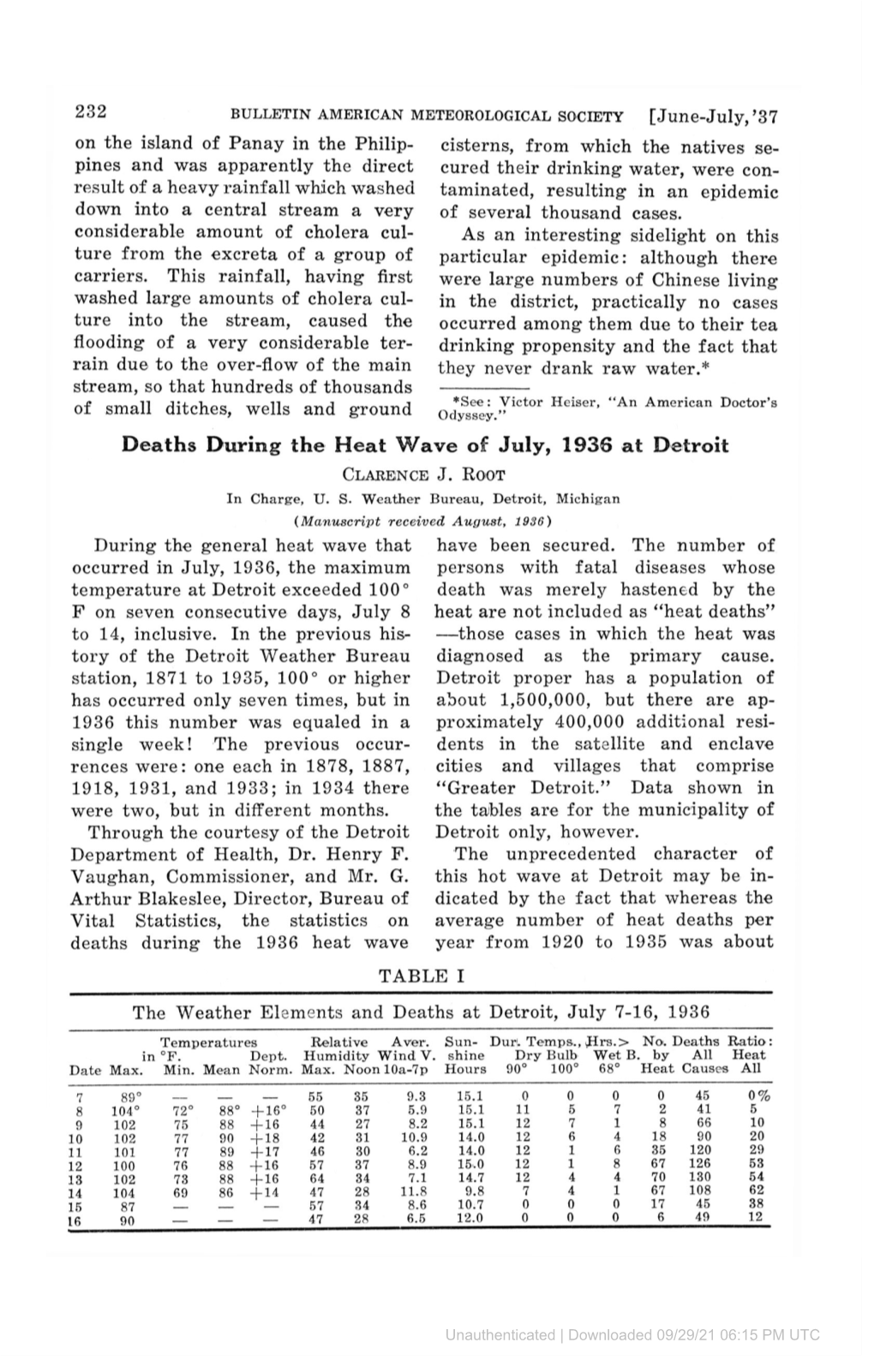 Deaths During the Heat Wave of July, 1936 at Detroit CLARENCE J