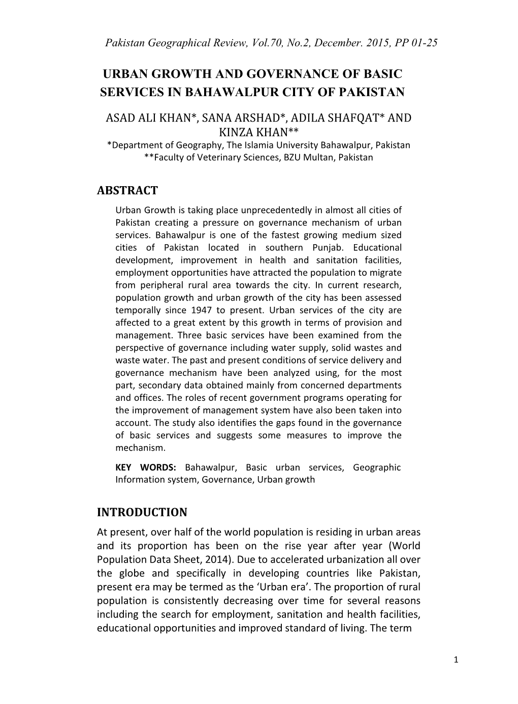 Urban Growth and Governance of Basic Services in Bahawalpur City of Pakistan