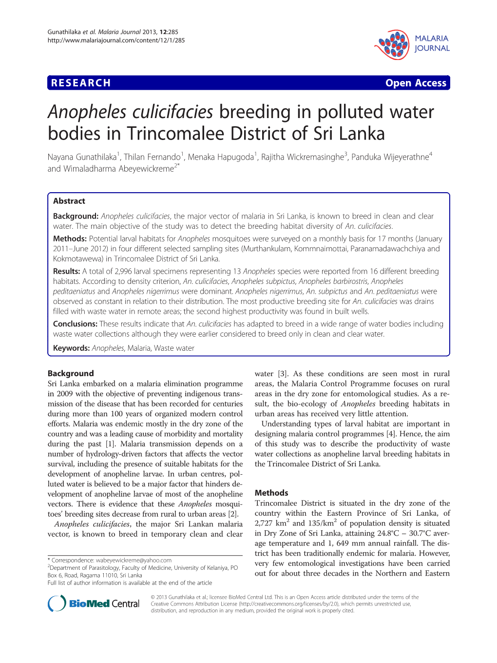 Anopheles Culicifacies Breeding in Polluted Water Bodies In