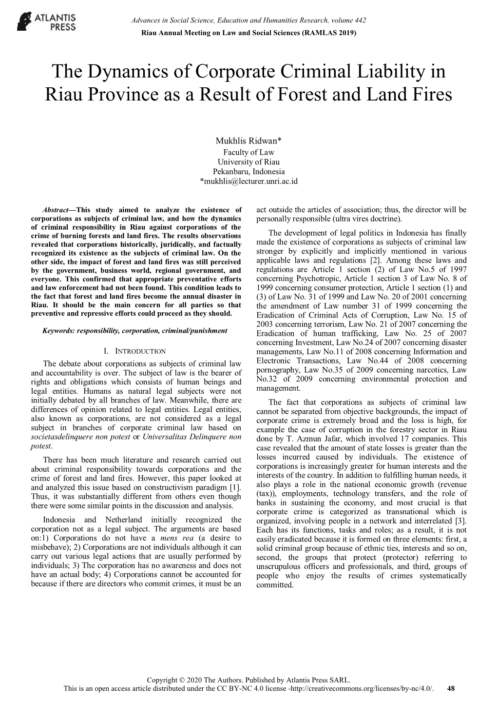 The Dynamics of Corporate Criminal Liability in Riau Province As a Result of Forest and Land Fires