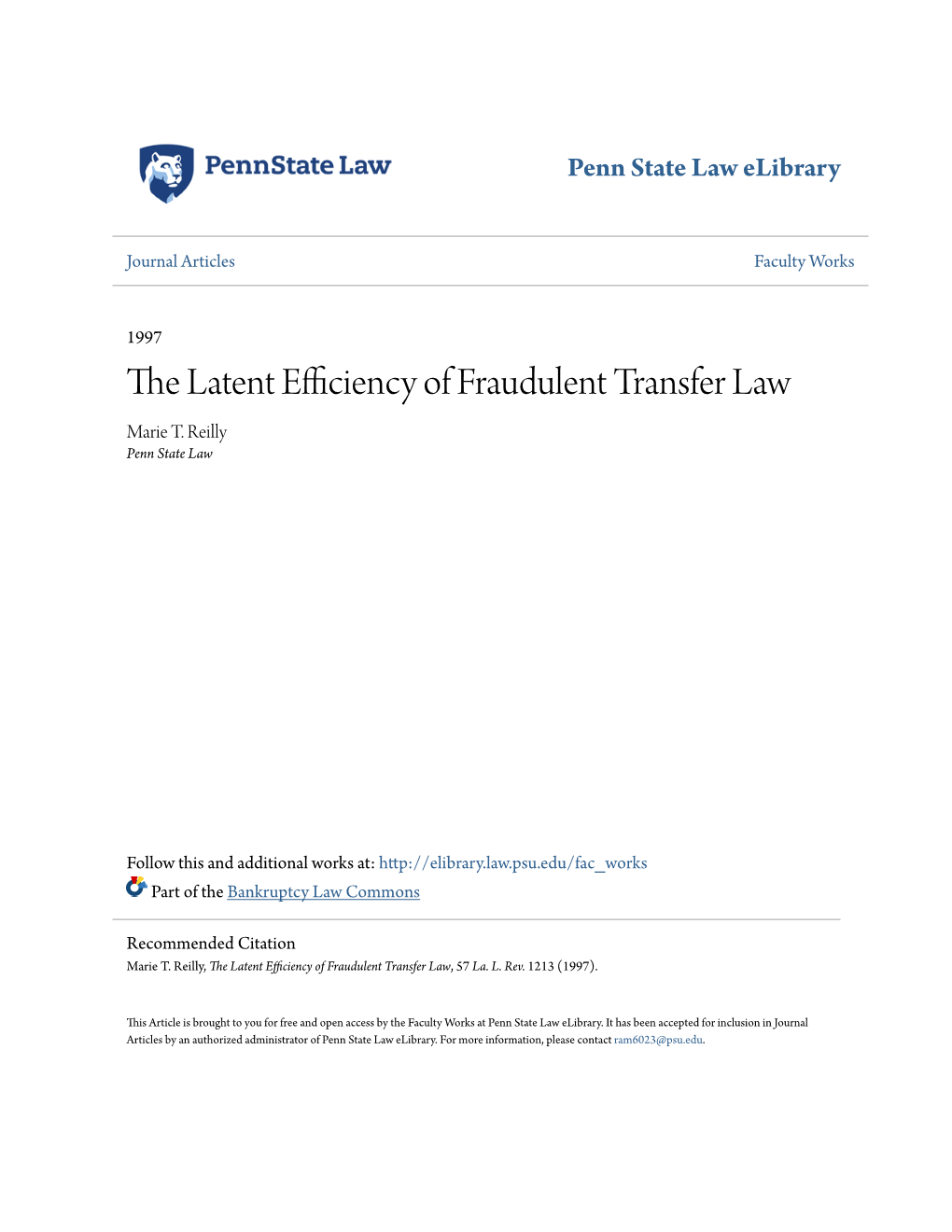 The Latent Efficiency of Fraudulent Transfer Law Marie T