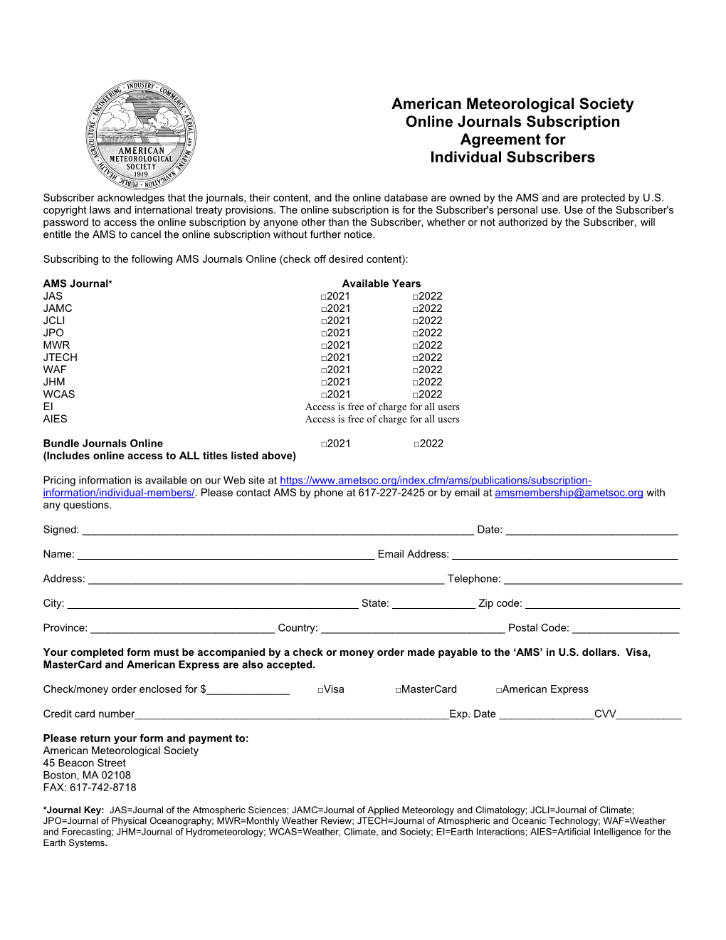 American Meteorological Society Online Journals Subscription Agreement for Individual Subscribers