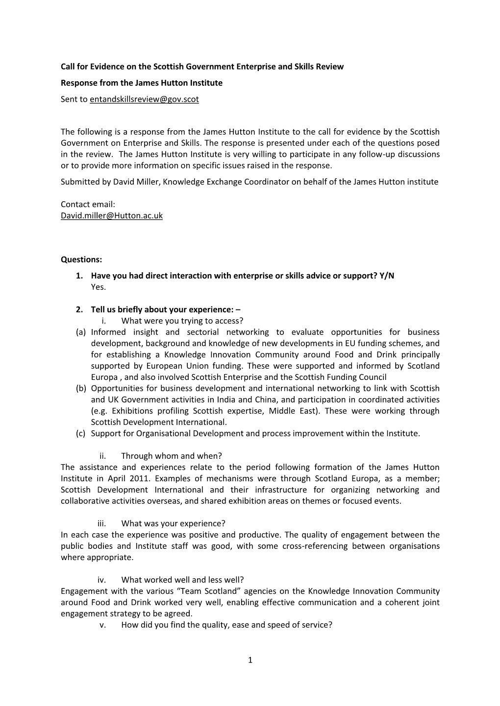 Call for Evidence on the Scottish Government Enterprise and Skills Review Response from the James Hutton Institute Sent to Entandskillsreview@Gov.Scot