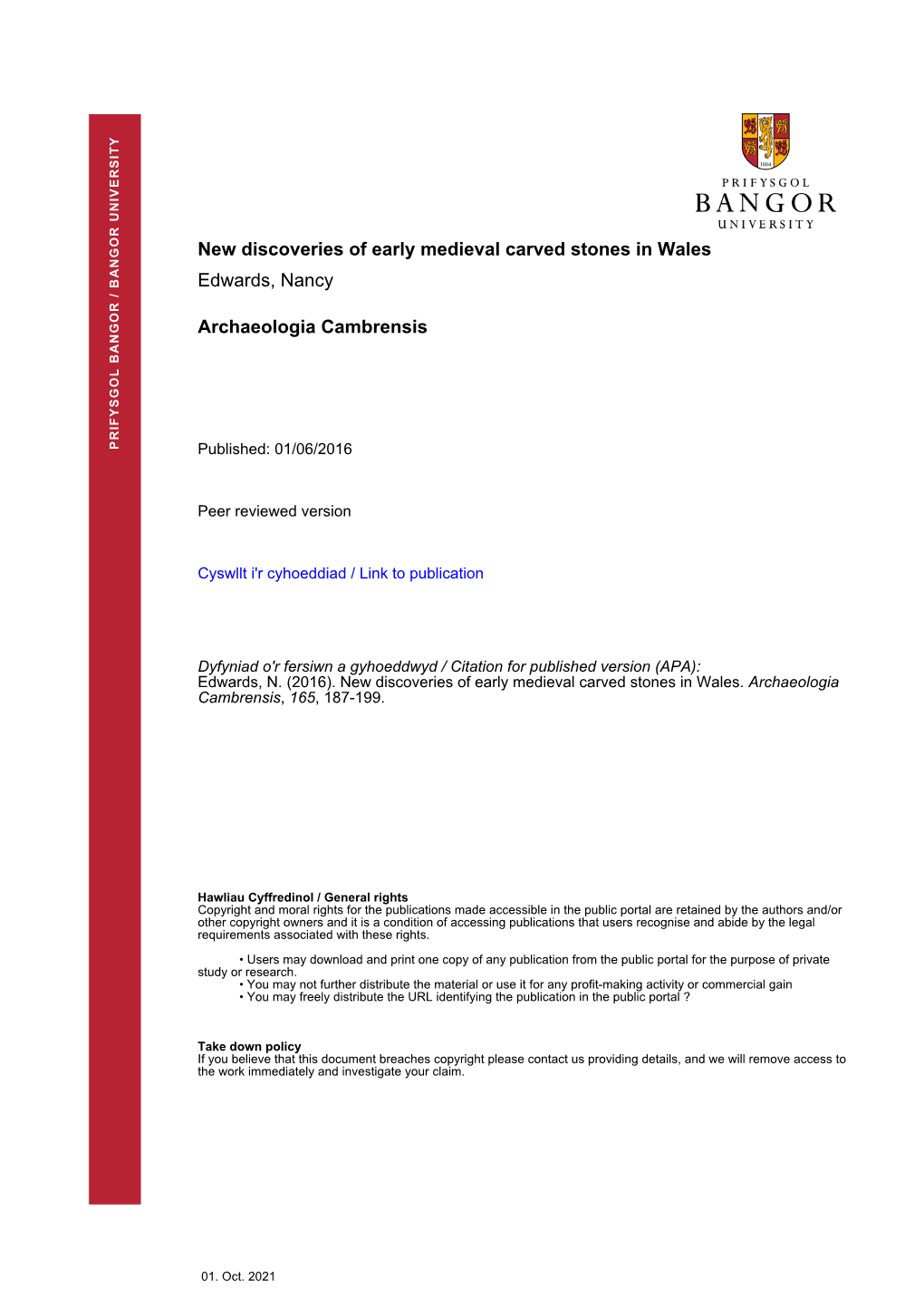 New Discoveries of Early Medieval Carved Stones in Wales Edwards, Nancy Archaeologia Cambrensis