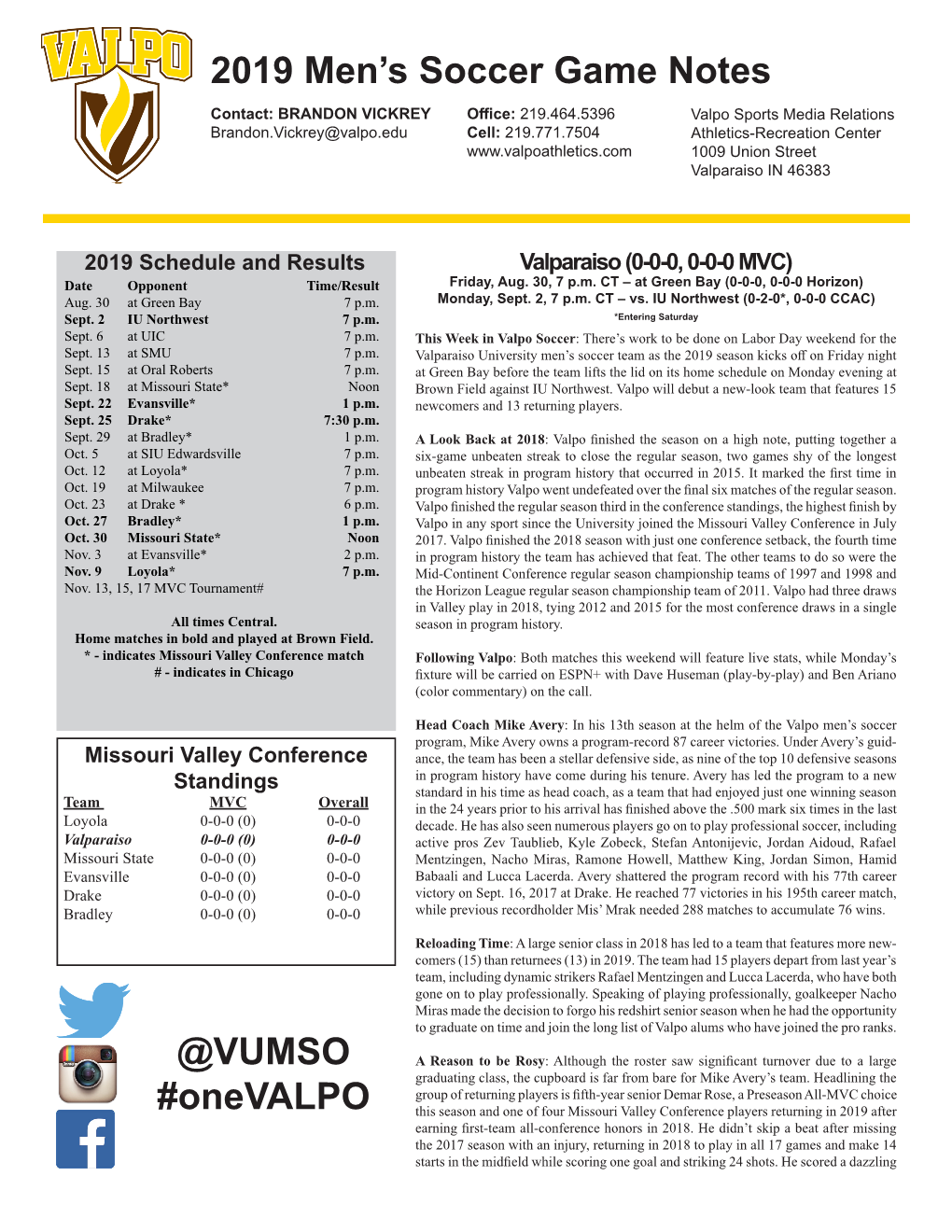 2019 Men's Soccer Game Notes @VUMSO #Onevalpo