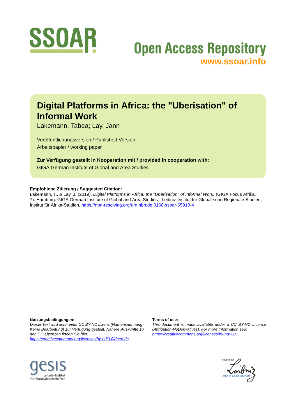 Digital Platforms in Africa: the „Uberisation“ of Informal Work